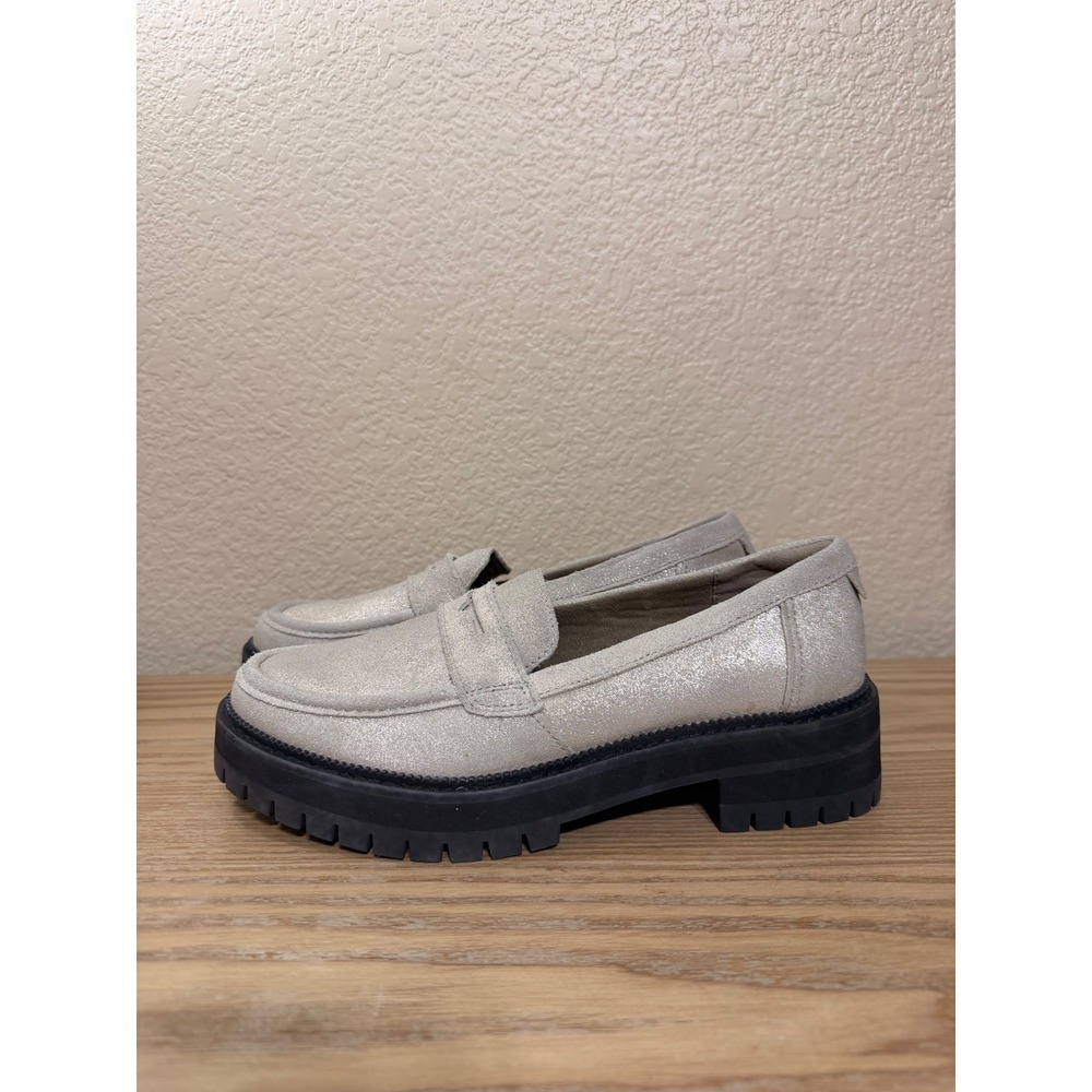 TOMS Cara Lug Loafers Metallic Champagne Leather Chunky Platform Womens 6.5
